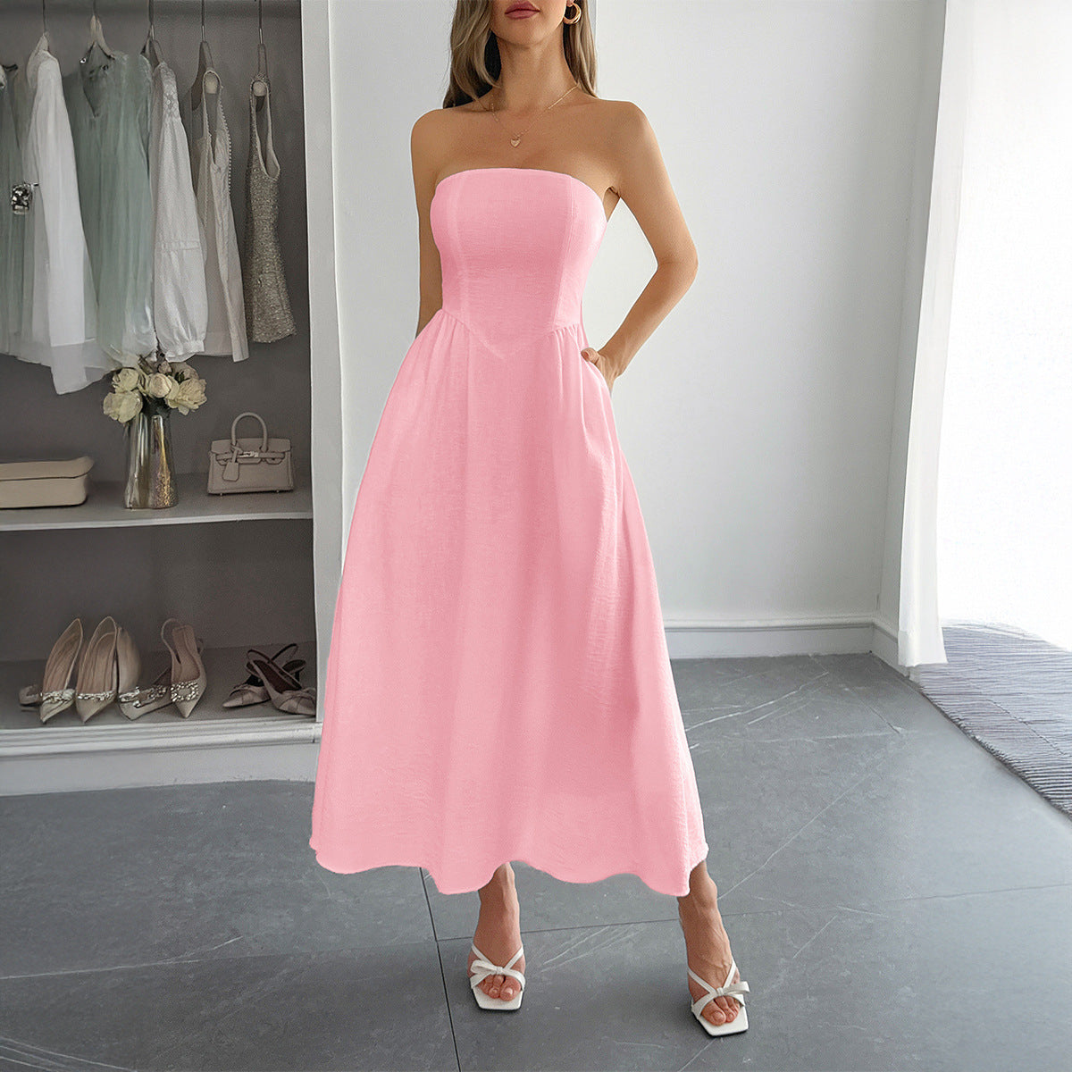 Women’s High Waist Strapless Tube Top Dress Elegant Evening Midi Dress
