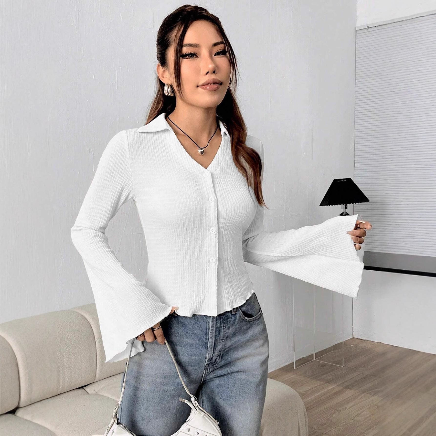 Shoulder Bell Sleeve Solid Color Knit Top