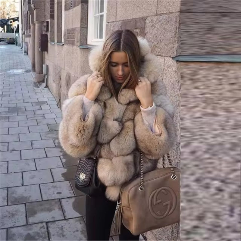 Women’s Hooded Faux Fur Winter Jacket – Warm Plush Coat with Long Sleeves