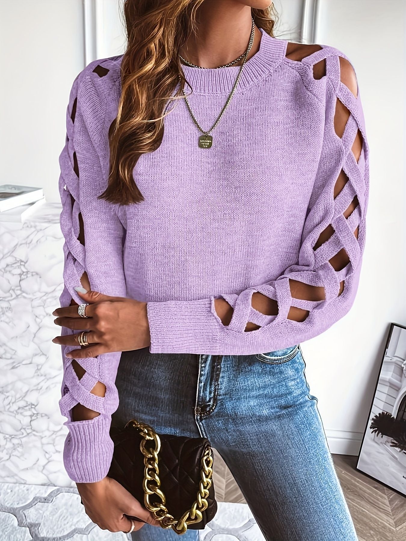 Women’s Hollow Out Sweater – Long Sleeve Knit Top with Cutout Details