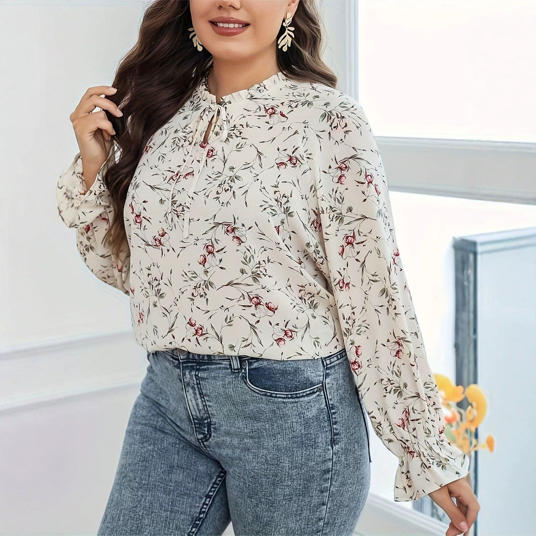 Graceful Floral Print Blouse – Lace-Up Elegant Women’s Long Sleeve Blouse