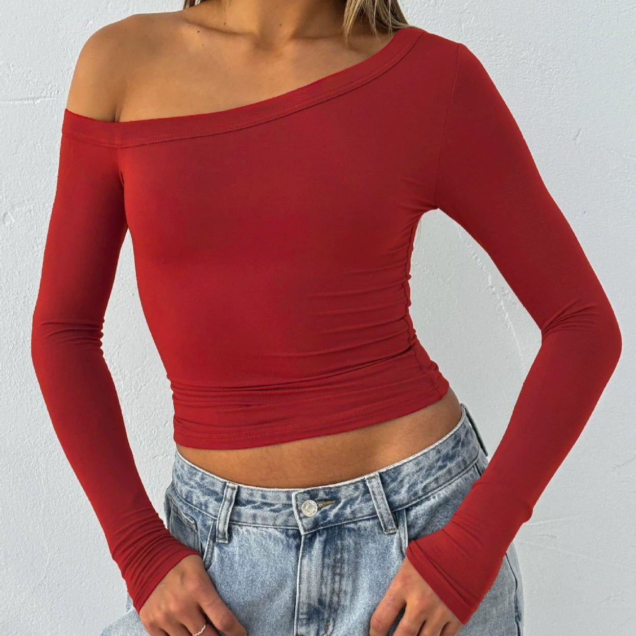Women’s One Shoulder Long Sleeve Knit Top – Slim Fit Pullover