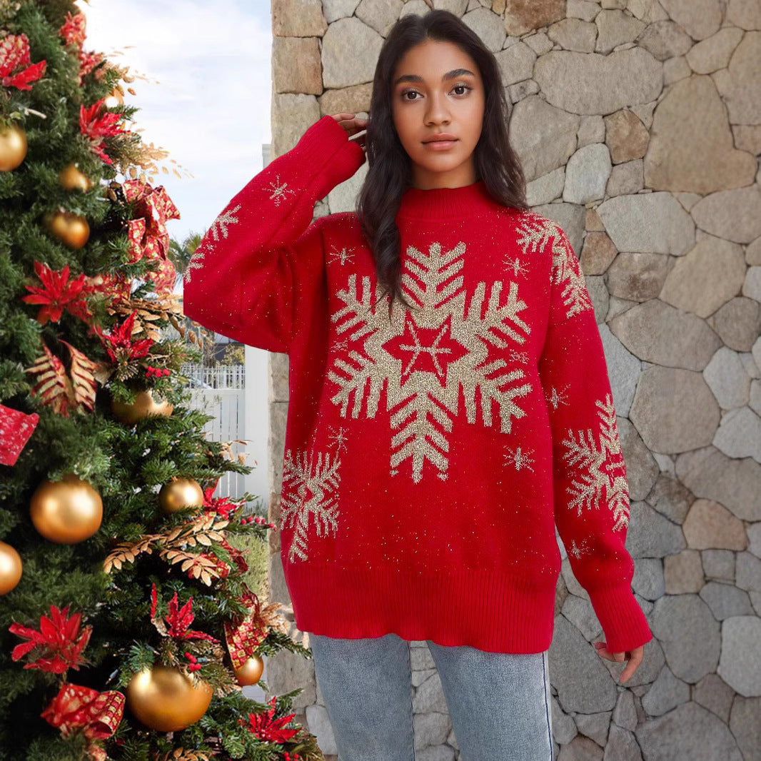 Women’s Red Christmas Sweater with Snowflake Pattern