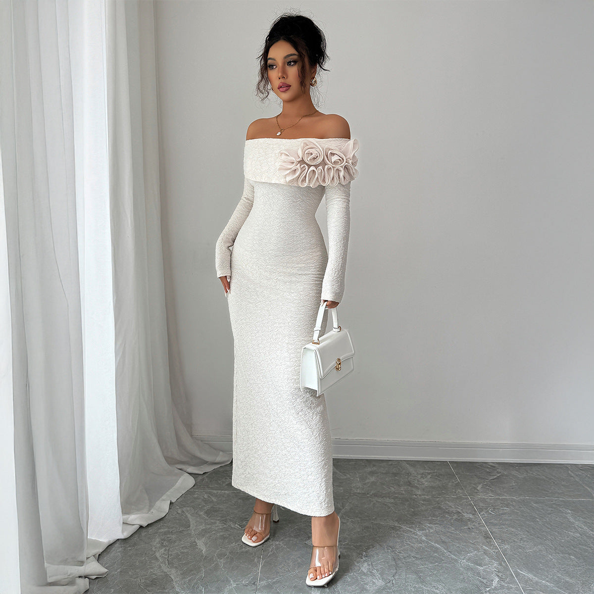 Women’s Long-Sleeved Sheath Off-Shoulder Maxi Dress with Floral Detail