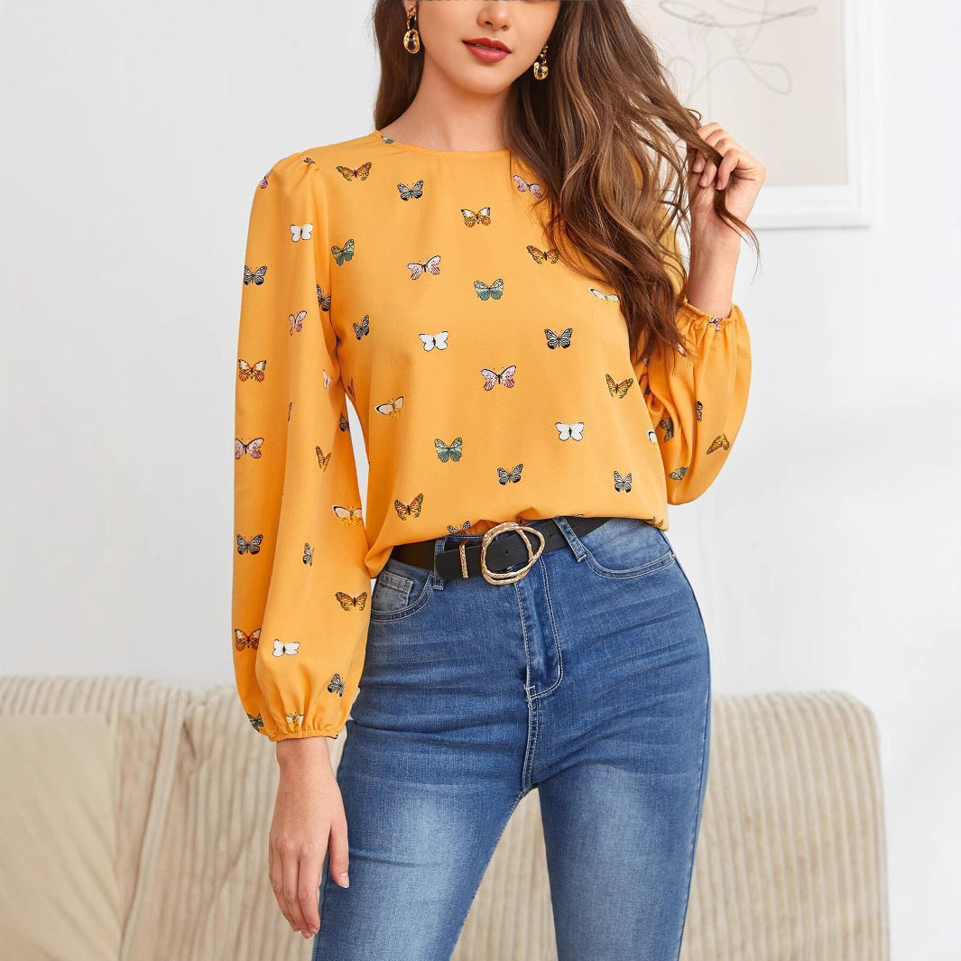 Women’s Long Sleeve Butterfly Print Blouse – Casual Loose Fit Shirt