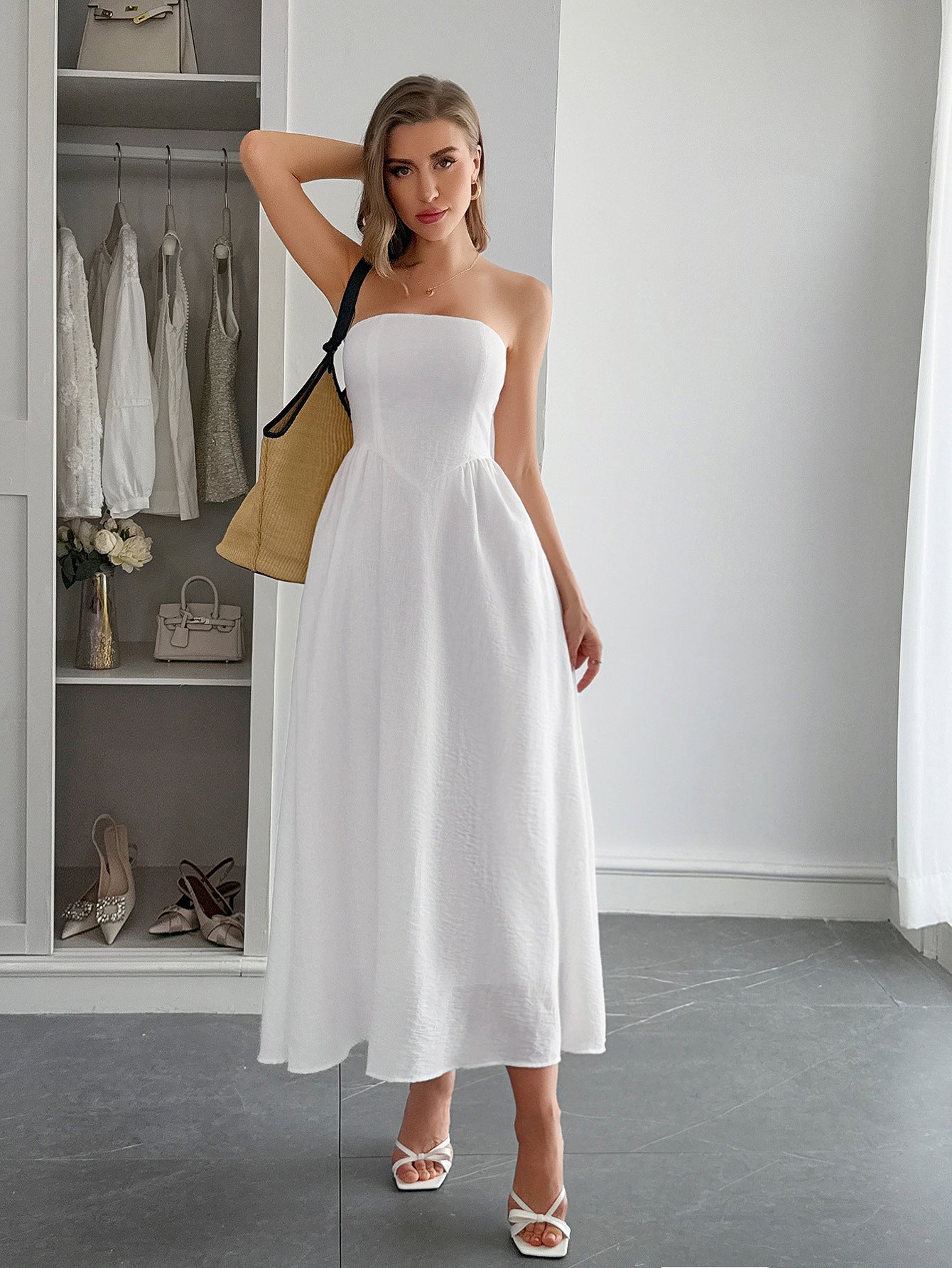 Women’s High Waist Strapless Tube Top Dress Elegant Evening Midi Dress