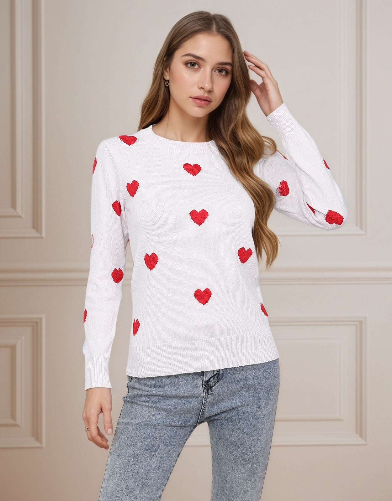 Women’s Heart Jacquard Round Neck Sweater – Cute Valentine’s Day Pullover