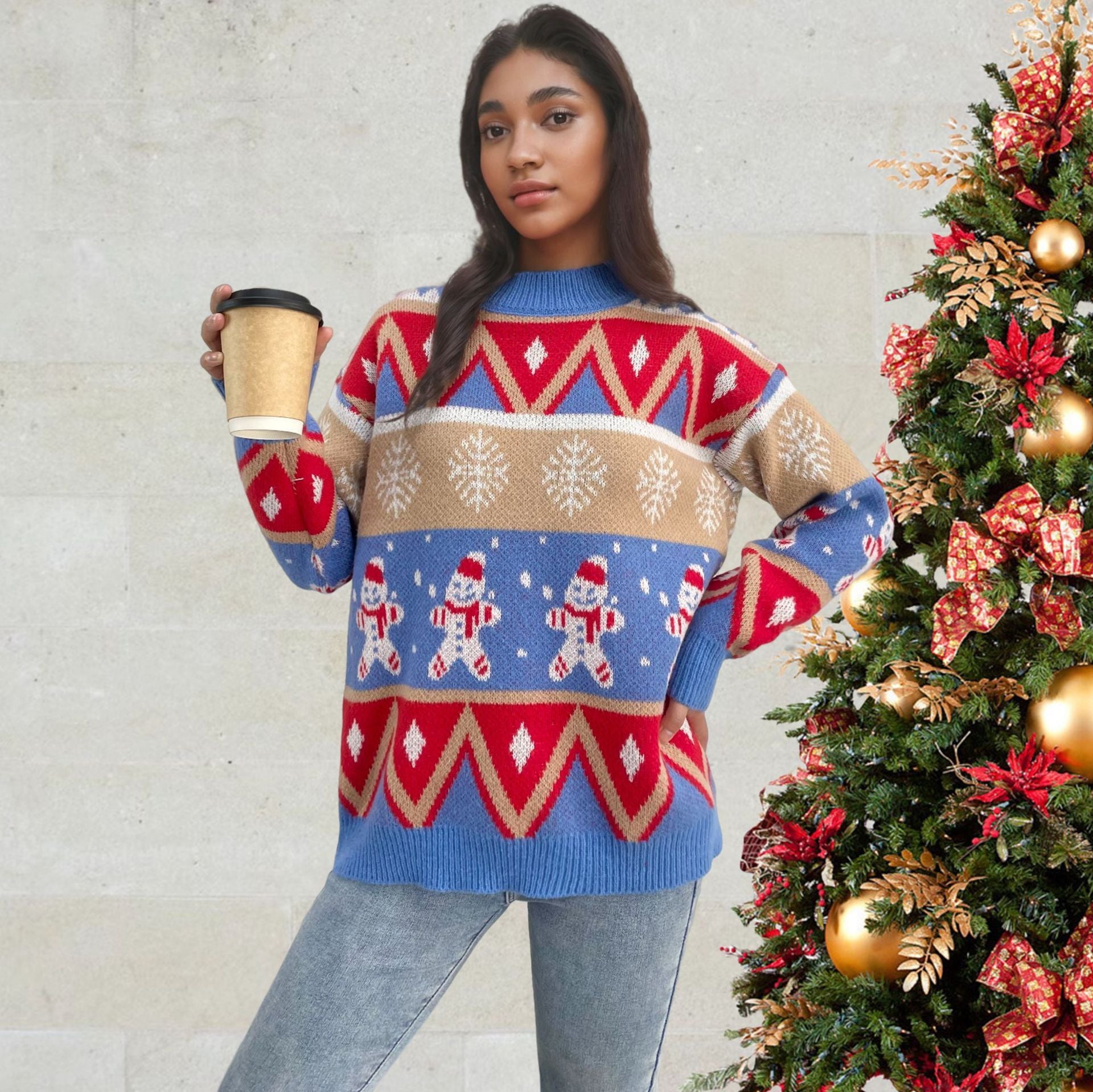 Loose Retro Christmas Sweater with Snowman Print – Women’s Festive Winter Pullover