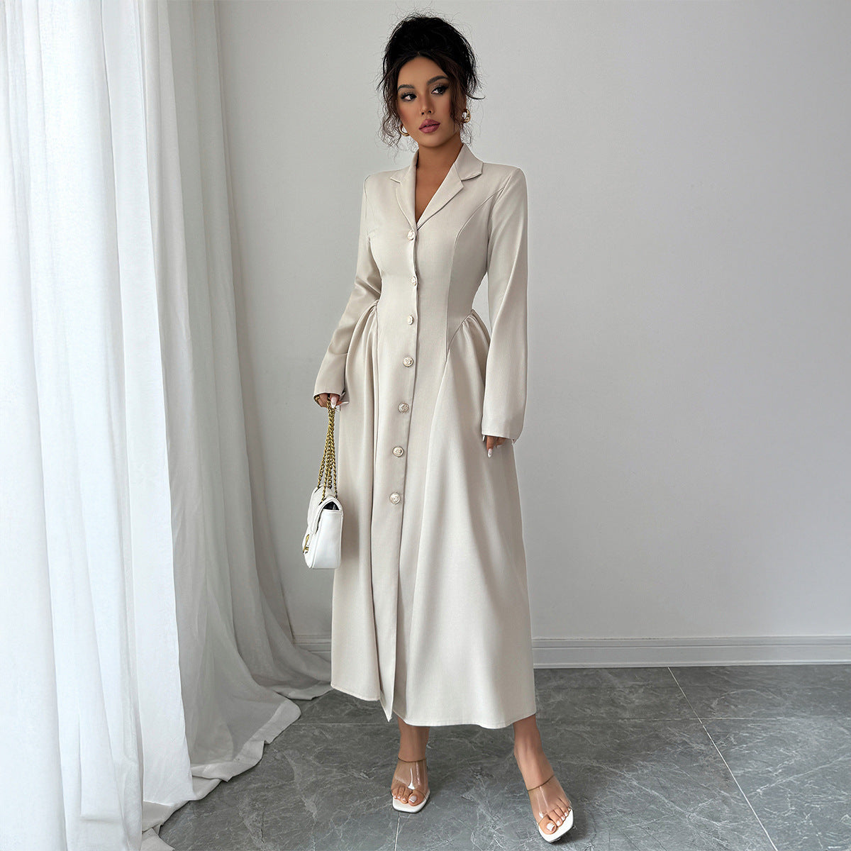 Elegant Apricot Long Sleeve Midi Dress
