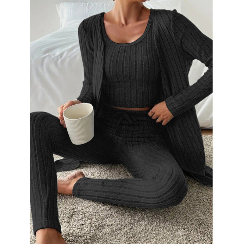Women’s 3-Piece Casual Loungewear Set – Cardigan, Crop Top & Pants