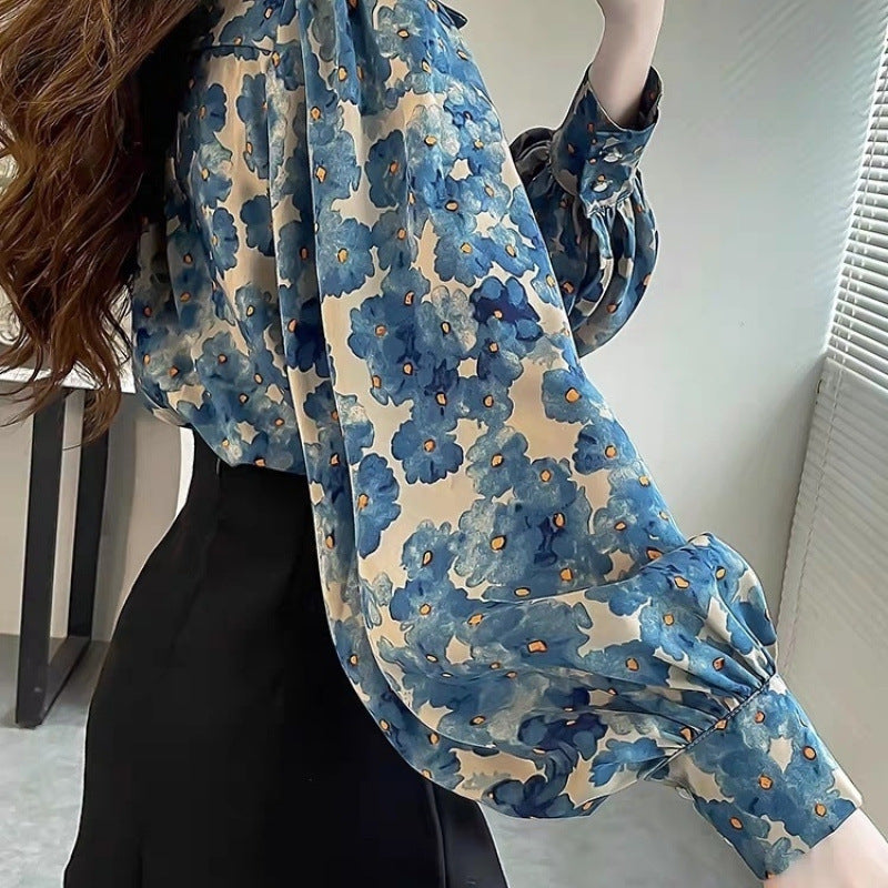 Women’s Elegant Floral Print Lantern Sleeve Blouse – Temperament Slim Fit Shirt