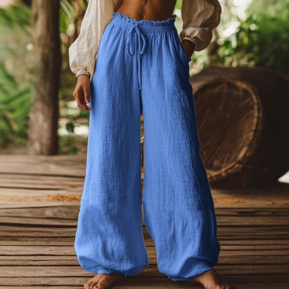 Casual Wide Leg Pants with Elastic Waist & Drawstring – Boho Summer Trousers