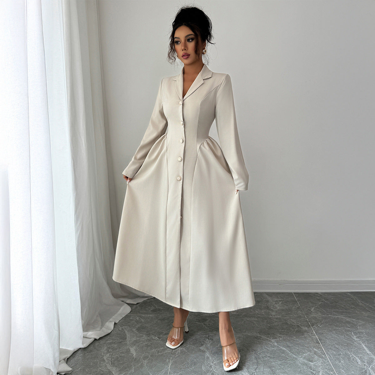 Elegant Apricot Long Sleeve Midi Dress