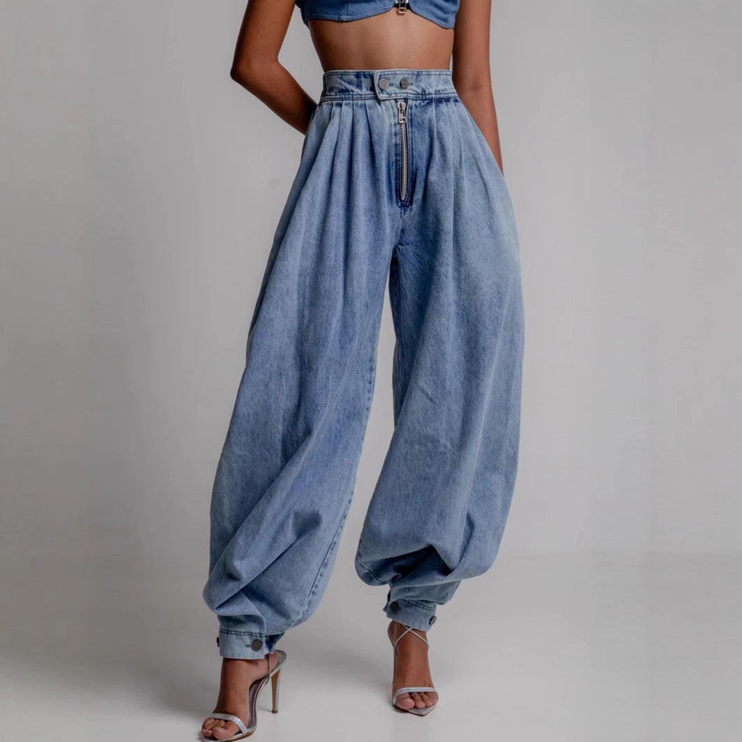 High Waist Loose Fit Zipper Ankle Tie Jeans – Casual Baggy Denim Pants