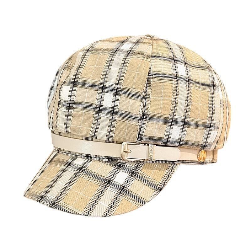 British Retro Plaid Octagonal Hat with Belt – Stylish Dome Cap for Women
