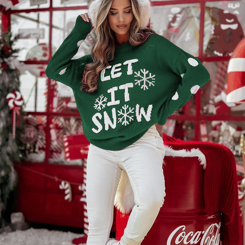 Women’s Casual Christmas Sweater – “Let It Snow” Pullover, Loose Fit Holiday Knitwear