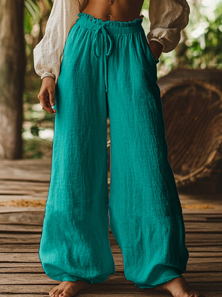Casual Wide Leg Pants with Elastic Waist & Drawstring – Boho Summer Trousers