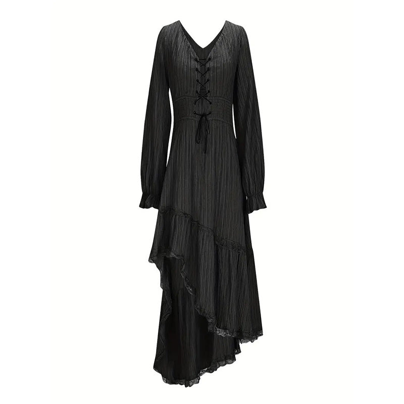 Gothic Deep V-Neck Ruffle Midi Dress with Long Sleeves