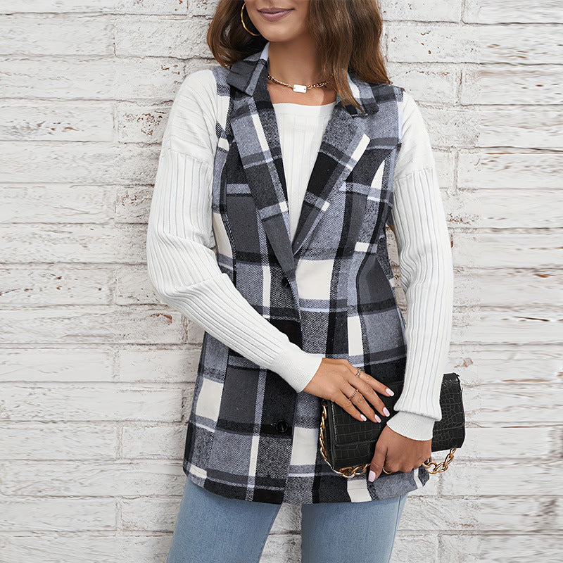 Women’s Casual Plaid Sleeveless Vest - Button Front Jacket