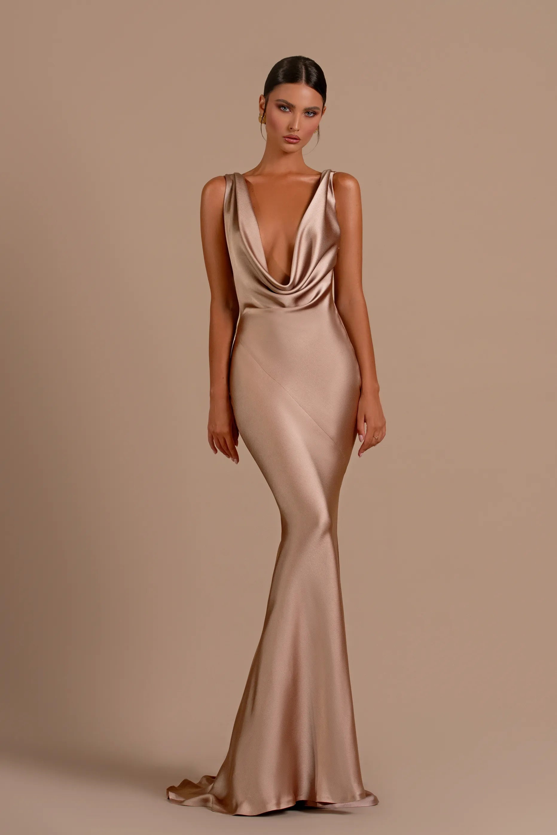 Silk Satin Backless Mermaid Dress with Deep V-Neck and Cowl Back