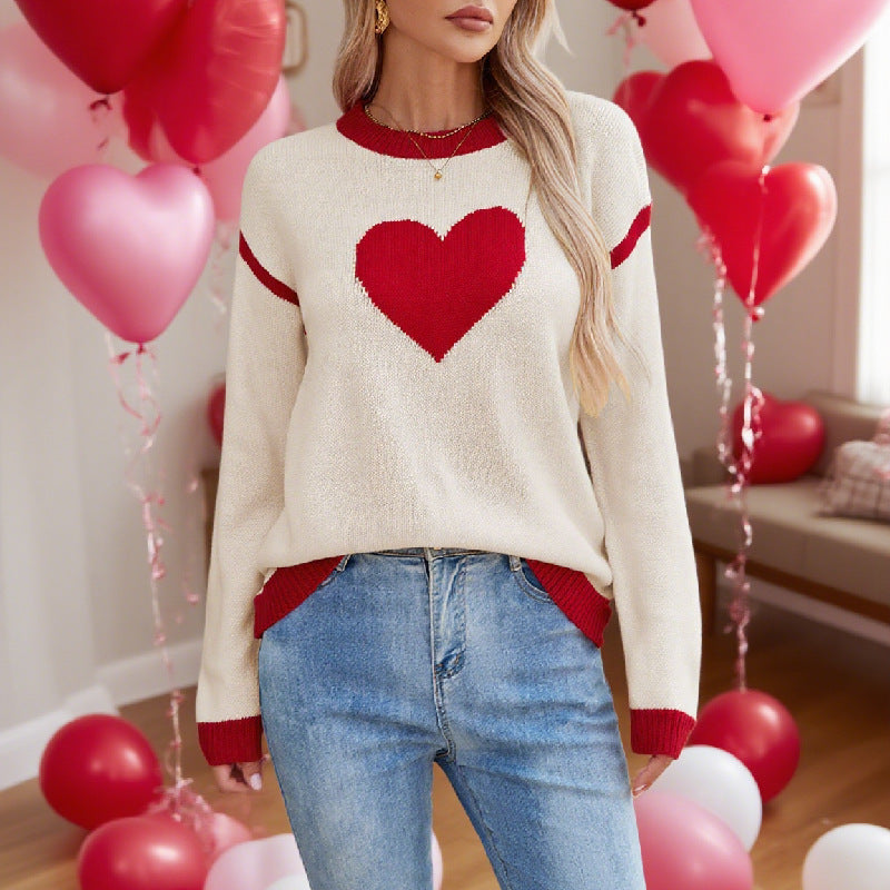 Women’s Pink Heart Knit Sweater – Cozy Round Neck Long Sleeve Pullover