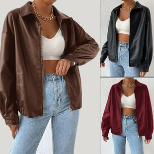 PU Leather Retro Biker Jacket – Women’s Long Sleeve Zipper Lapel Coat