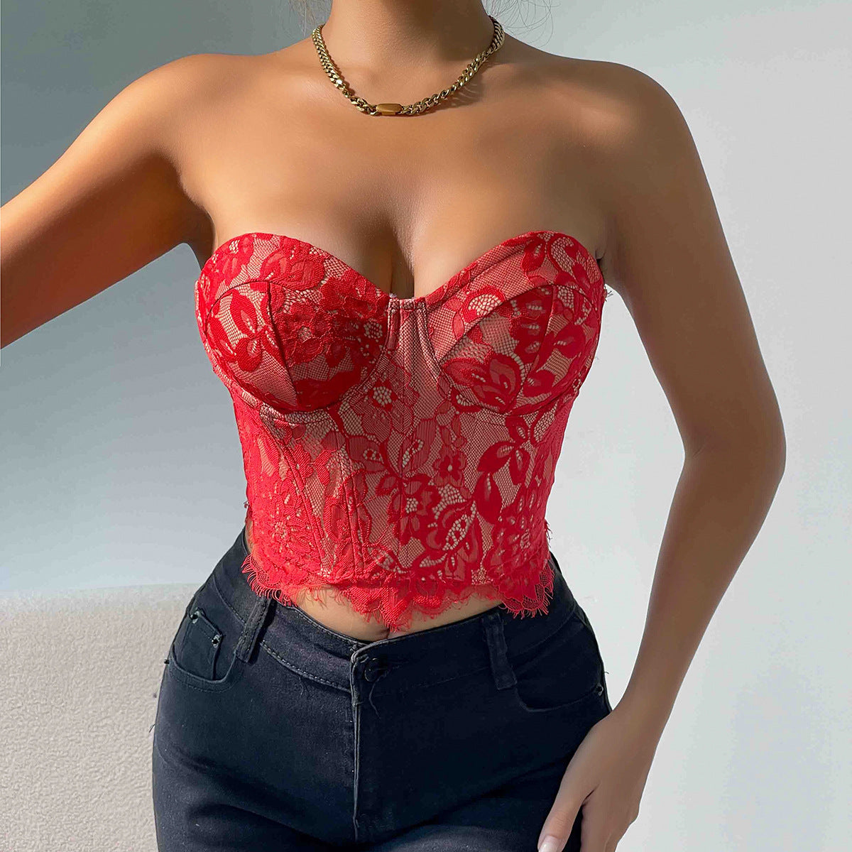 Sexy Lace Bustier Corset Top – Strapless Floral Crop Vest
