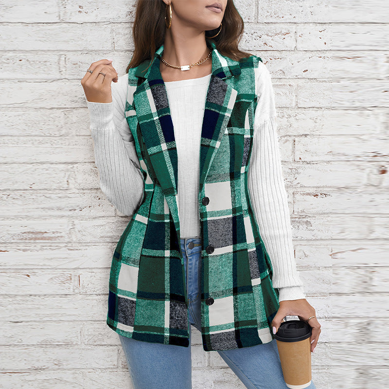 Women’s Casual Plaid Sleeveless Vest - Button Front Jacket