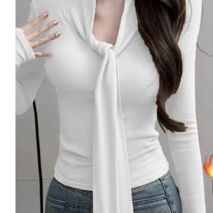 Elegant V-Neck Tie Front Long Sleeve Blouse – Casual Korean Style Top