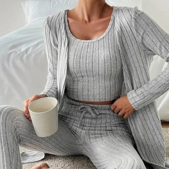 Women’s 3-Piece Casual Loungewear Set – Cardigan, Crop Top & Pants