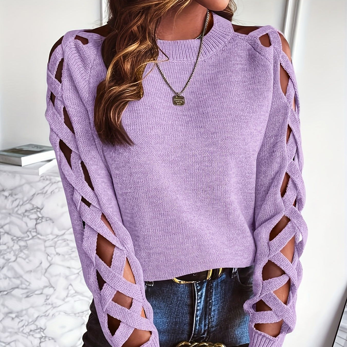 Women’s Hollow Out Sweater – Long Sleeve Knit Top with Cutout Details