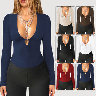 Deep V-Neck Hollow Slim Fit Long Sleeve Top