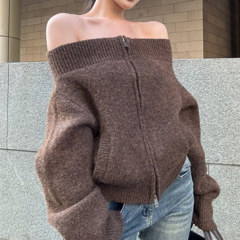 Off Shoulder Zipper Knit Cardigan for Women – Casual Retro Style Sweater