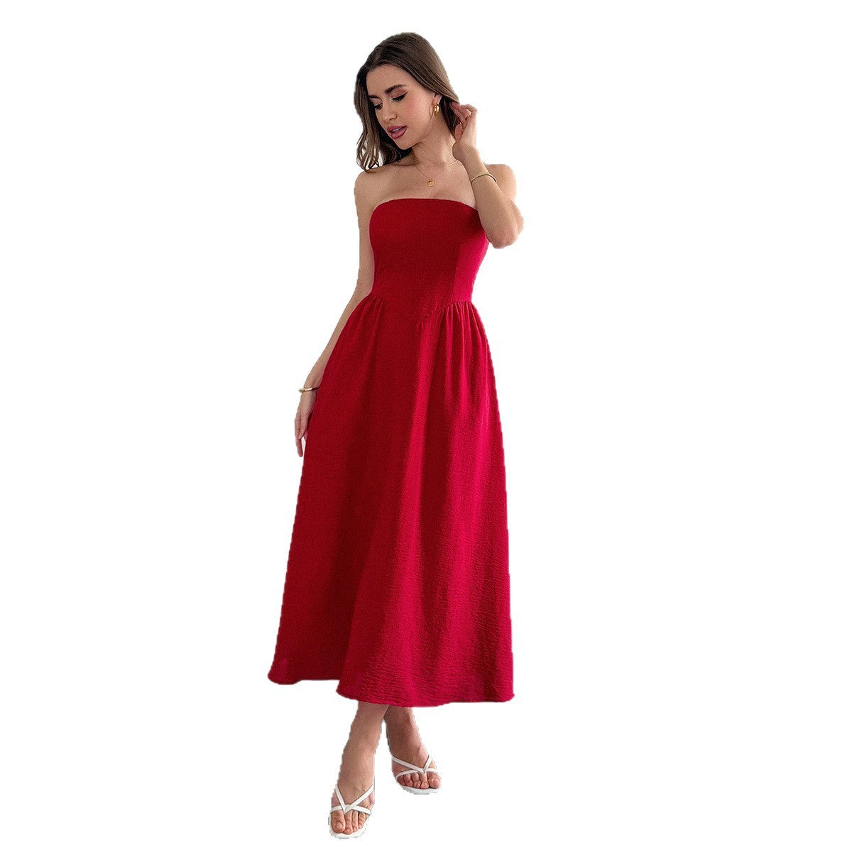 Women’s High Waist Strapless Tube Top Dress Elegant Evening Midi Dress