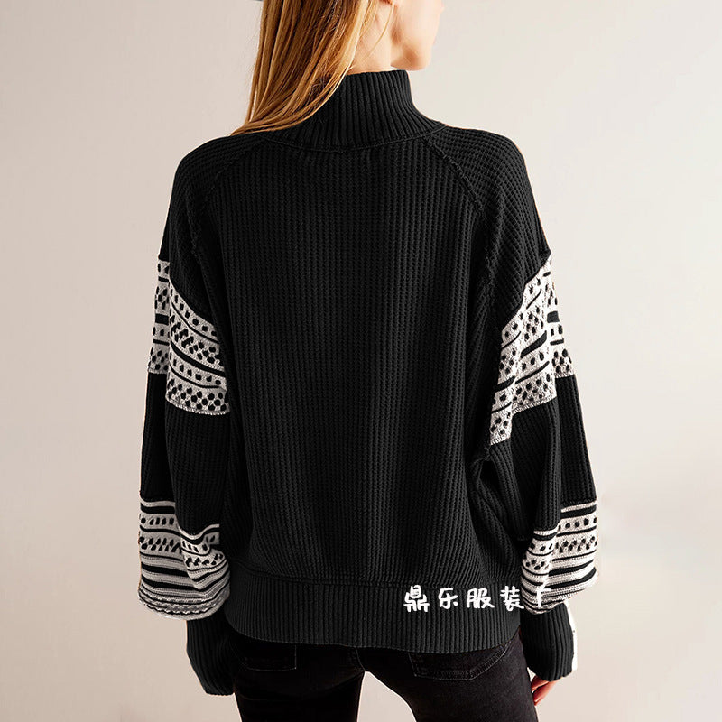 Multi-Colored Half Turtleneck Sweater with Button Sleeve Detail