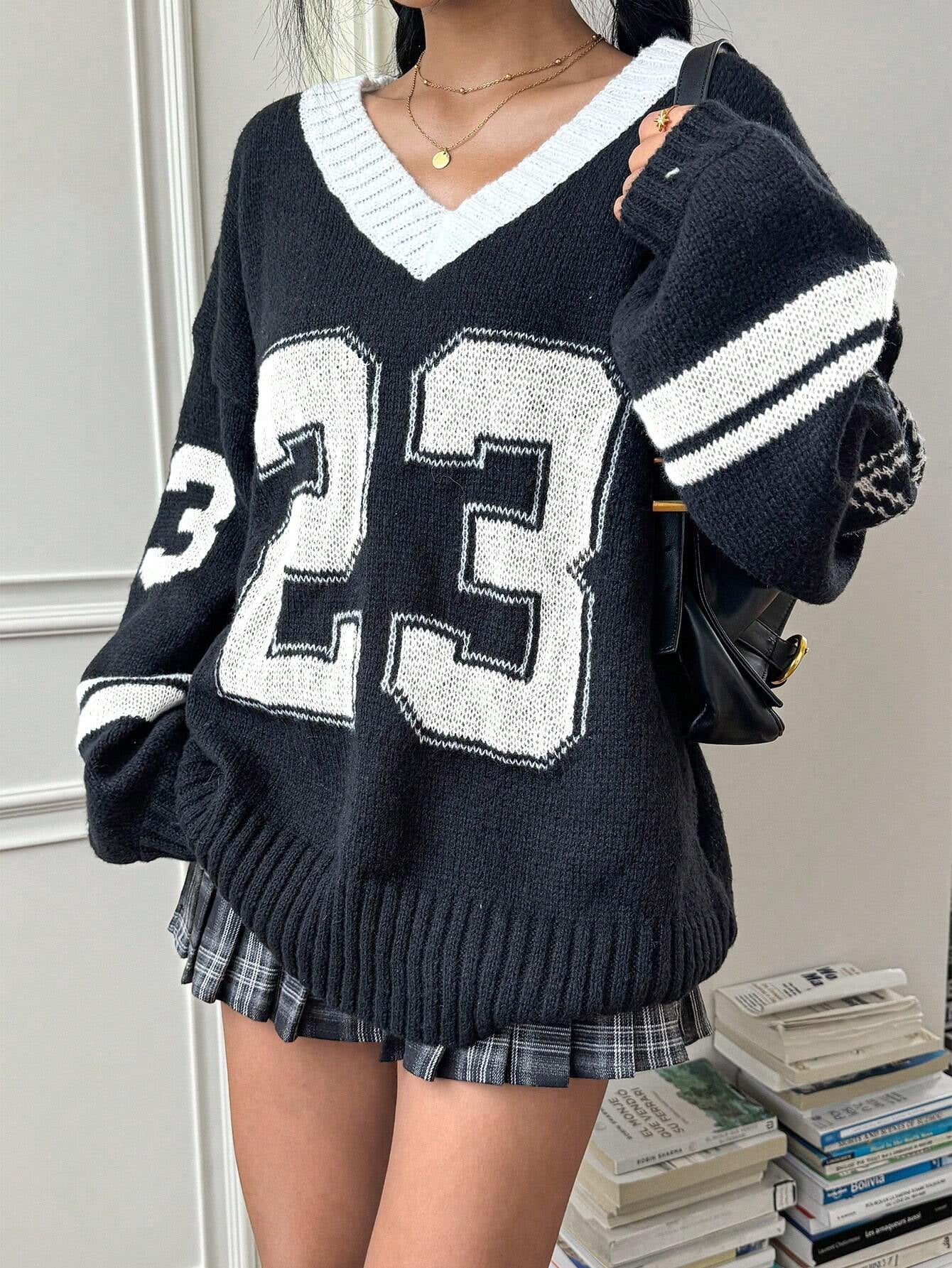 Oversized V-Neck Number Print Loose Fit Sweater – Casual Streetwear
