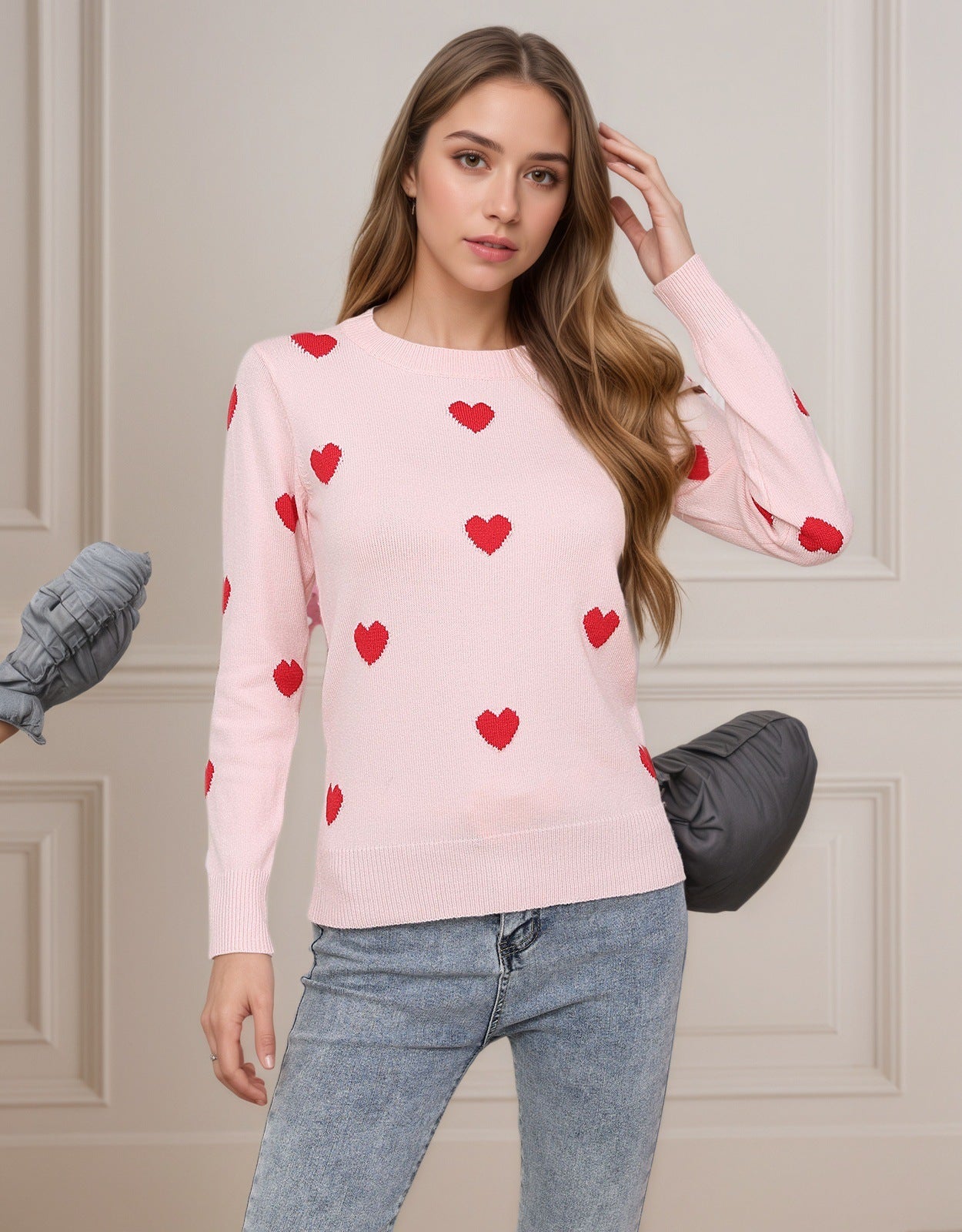 Women’s Heart Jacquard Round Neck Sweater – Cute Valentine’s Day Pullover