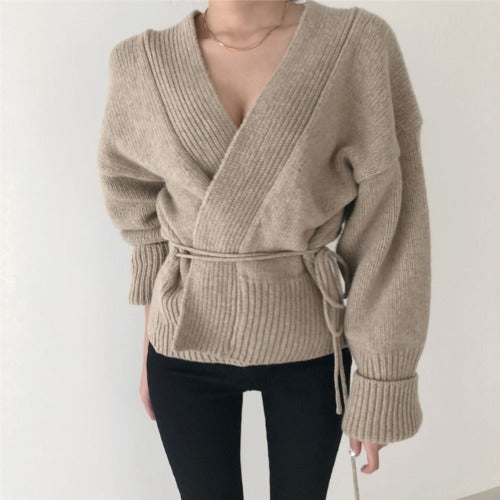 Autumn Winter V-Neck Knitted Wrap Cardigan Sweater – Apricot / Brown