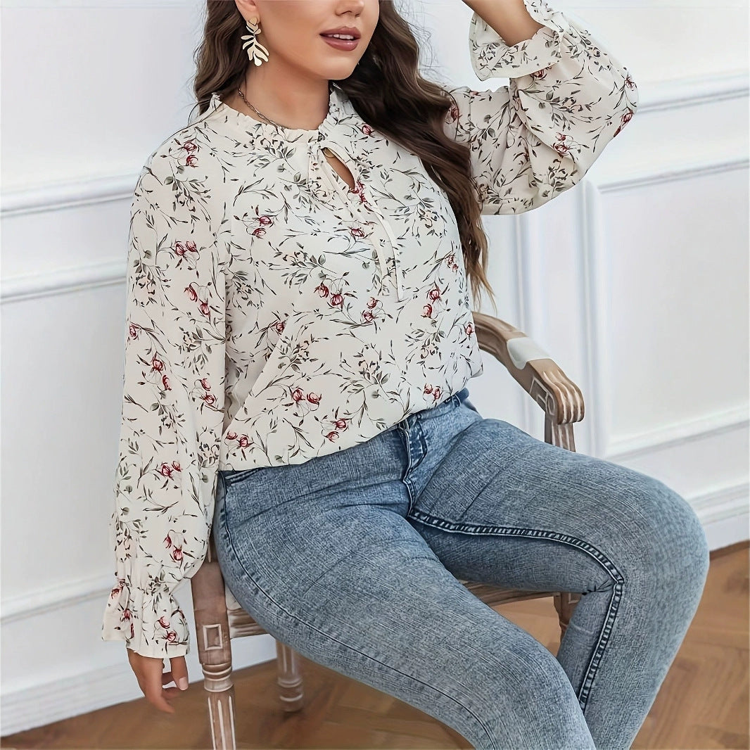 Graceful Floral Print Blouse – Lace-Up Elegant Women’s Long Sleeve Blouse