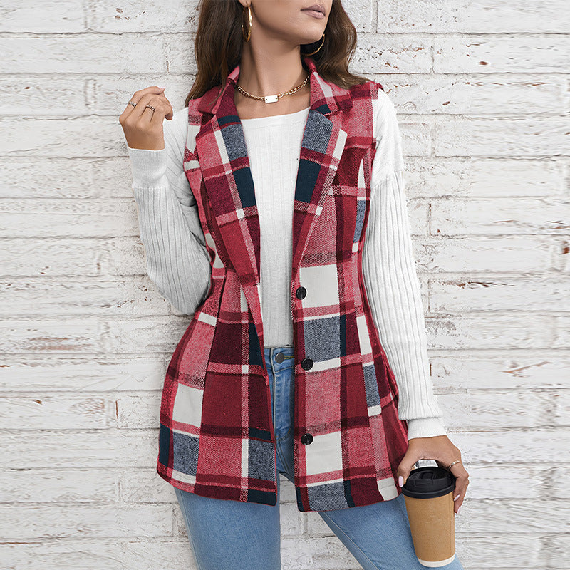 Women’s Casual Plaid Sleeveless Vest - Button Front Jacket