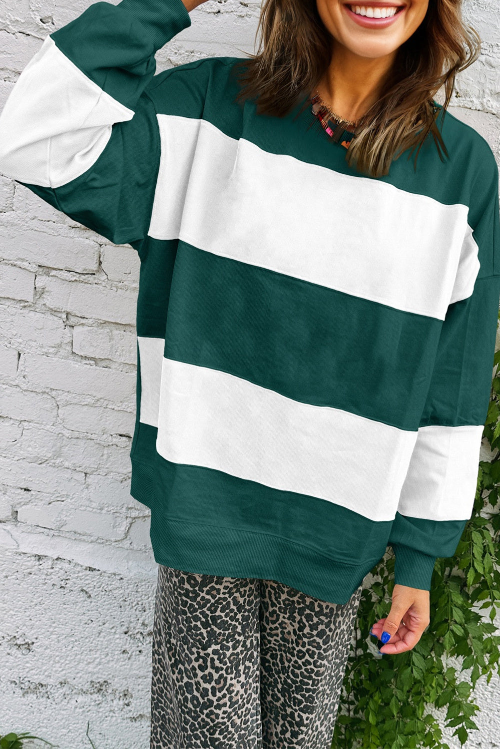 Women’s Casual Loose Striped Color-Block Crew Neck Sweater