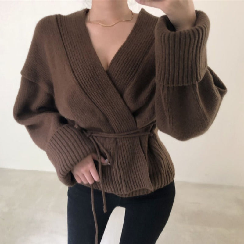 Autumn Winter V-Neck Knitted Wrap Cardigan Sweater – Apricot / Brown