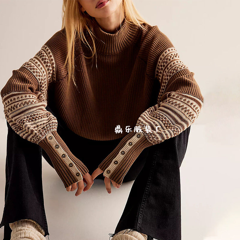 Multi-Colored Half Turtleneck Sweater with Button Sleeve Detail