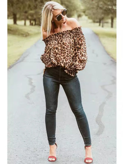 Women’s Leopard Print Off Shoulder Long Sleeve Blouse