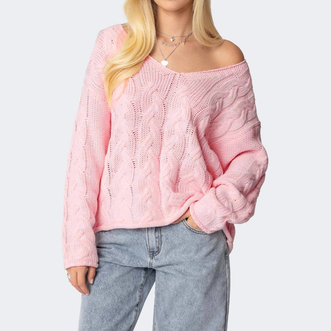 Women’s V-Neck Twist Knitted Pullover Sweater – Casual Loose Long Sleeve Knitwear