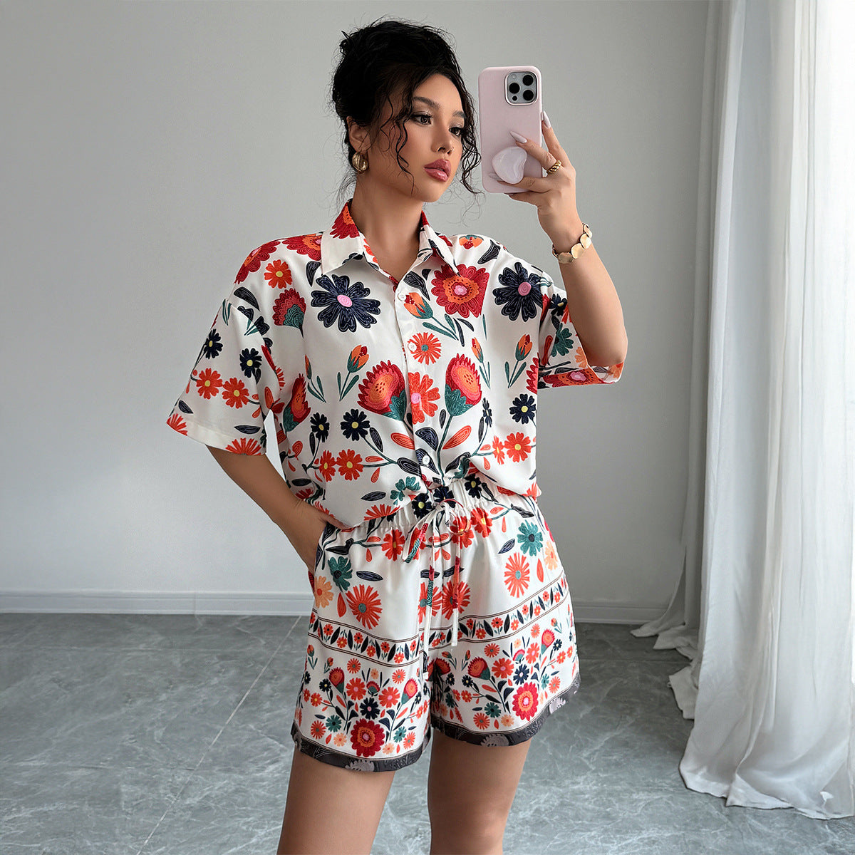 Floral Print Short Sleeve Shirt & Shorts Two-Piece Set