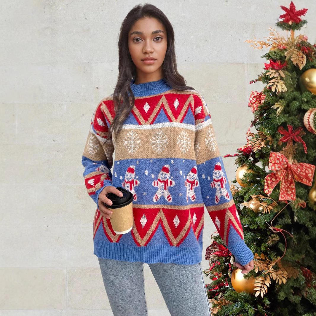 Loose Retro Christmas Sweater with Snowman Print – Women’s Festive Winter Pullover