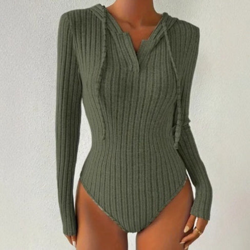 Autumn Knitted Hooded Bodysuit – Slim Fit Long Sleeve Jumpsuit