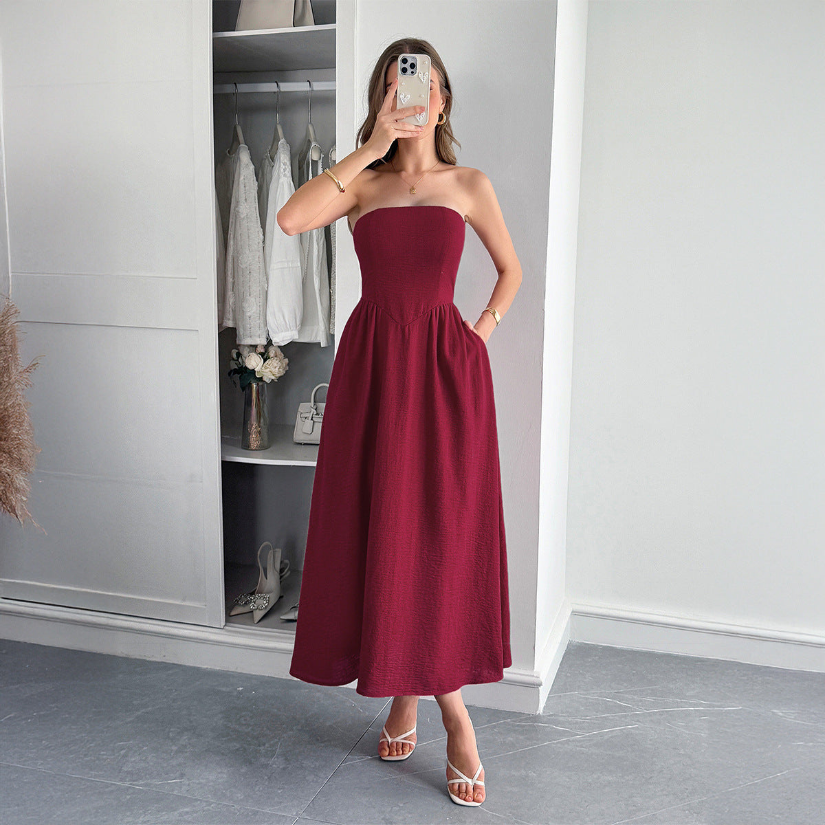 Women’s High Waist Strapless Tube Top Dress Elegant Evening Midi Dress