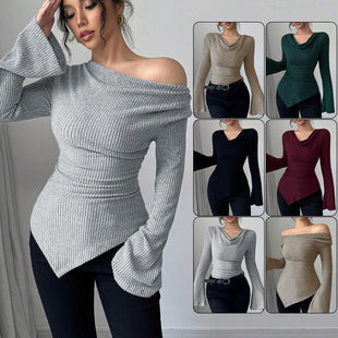 Ribbing Slim Fit Off-Shoulder Knitted Sweater – Women’s Long Sleeve Bell Cuff Pullover
